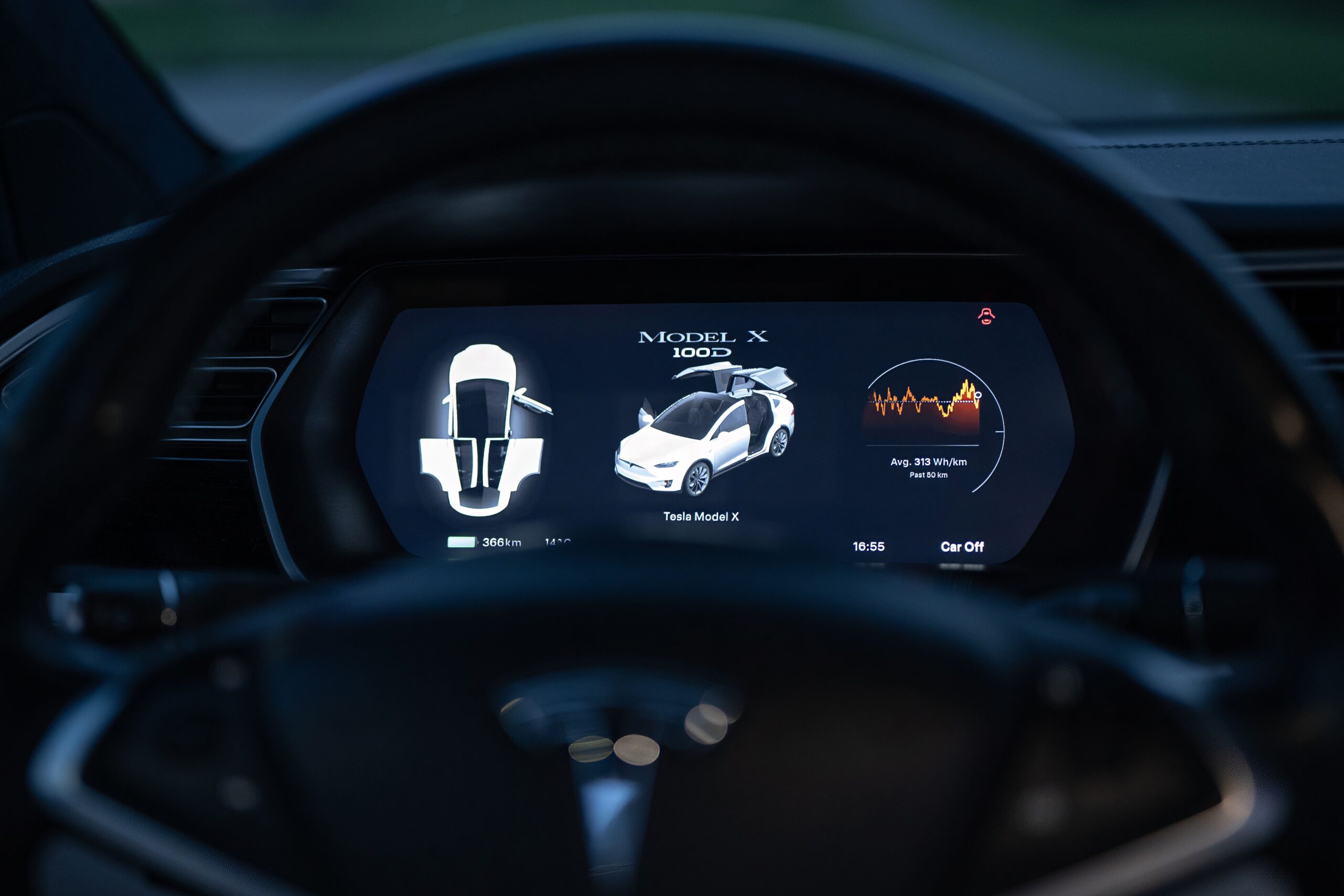 Tesla dashboard displaying battery range and charge status